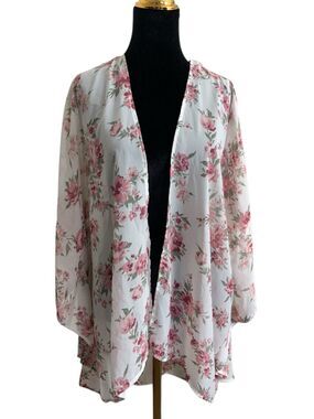 White Sheer Floral Kimono Beach Cover-Up Pink Roses XL Lightweight Flowy